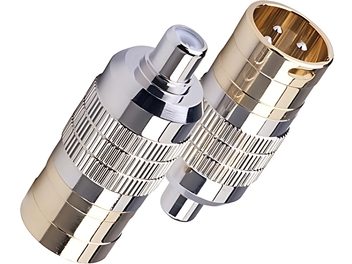 Klarer Cardas-Adapter aus versilbertem und vergoldetem Metall, zylindrische gerillte Form, mit männlichen und weiblichen Anschlüssen an den Enden