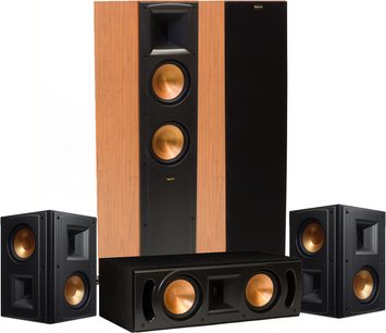 Pack d'enceintes colonnes Klipsch RF-62 MKII cherry: 2 colonnes, 1 centrale, 2 bibliothèques, finition merisier, vue de face