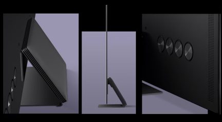 Soporte inclinado rectangular negro, pantalla ultrafina en perfil lateral, panel trasero negro con 4 botones circulares metálicos