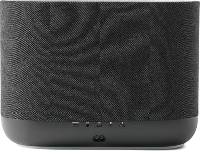 Denon Home 400 trådløs højttaler i kulfarve set bagfra, antracitgråt stof og sort base med Connect-, Aux- og USB-porte