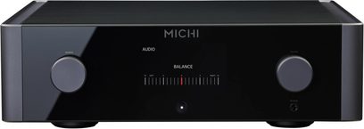 Michi P5 Series 2 stereo forforstærker, set forfra, rektangulært sort kabinet, 2 cirkulære knapper, centralt display