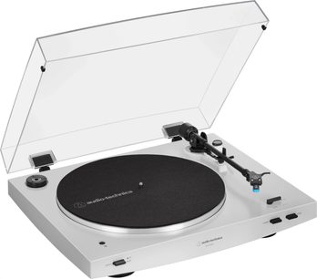 Audio Technica AT-LP3XBT witte platenspeler, bovenaanzicht, transparante open deksel, tonarm met element, zwarte platenspeler