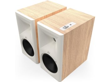 Coppia di diffusori Klipsch The Sevens II in rovere rosso, frontale bianco e altoparlante nero, vista a tre quarti