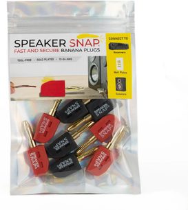 Satz mit acht Speaker Snap SSBP8 Bananensteckern, Vorderansicht, vergoldete Metallkontakte, Gehäuse aus rotem und schwarzem Kunststoff, verpackt in einem durchsichtigen Kunststoffbeutel