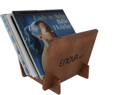 Enova HIFI Vinyl range 25 trekantet valnøddetræs-display med vinylplader, herunder Billie Holiday