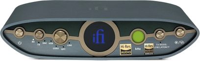 Безжичен предавател iFi Audio Zen Blue 3, преден изглед, бутони и светлинни индикатори, тъмносиво покритие