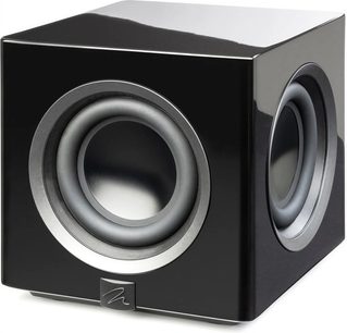 MartinLogan Abyss 8 subwoofer i sort lak, kubisk form, front med cirkulær højttaler og blank finish
