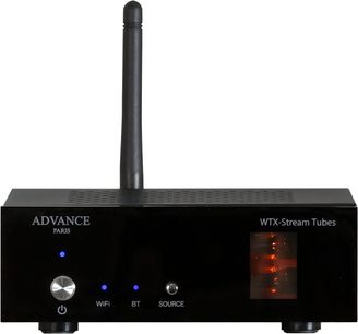 Netzwerk-Audioplayer Advance Paris WTX-Stream Tubes, Frontansicht, mit Antenne, WiFi/BT/SOURCE-Tasten und leuchtenden Vakuumröhren-Display