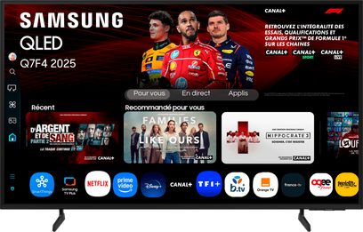 Televisore ad alta definizione Samsung TQ55Q7F4 2025 nero con cornice sottile in plastica e metallo, schermo piatto QLED da 55 pollici presentato frontalmente con due piedini laterali
