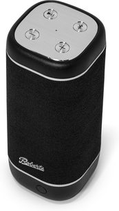 Ηχείο Bluetooth Roberts Reunion σε μαύρο, με πλεκτό ύφασμα και επάνω μέρος από βουρτσισμένο αλουμίνιο με τέσσερα κουμπιά, λήψη τριών τετάρτων