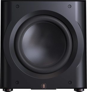 Perlisten D12s subwoofer sort, frontvisning, glat overflade, cirkulær central højttaler, afrundede hjørner