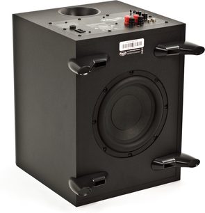 Klipsch SW-350 mat sort baskabin, set forfra, med højttaler, knapper og stik på bagpanelet