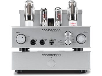 Consonance Linear Q verzilverde hoofdtelefoonversterker, vooraanzicht en bovenaanzicht, 4 buizen, 3 knoppen, 3 jackingangen, 1 schakelaar