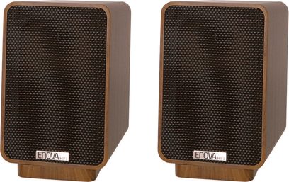 2.1 højttalersæt Enova HIFI VELA 2.1 8A, frontvisning, rektangulære kabinetter med træfinish, sorte teksturerede gitre