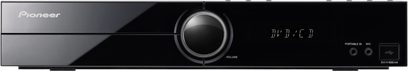 Pioneer DCS-SB314 sort hjemmebiografsystem, set forfra, blåt digitalt display "04:34:23", knapper og justeringshjul