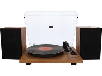 Picup pentru discuri de vinil Enova HIFI Vision 2 SET, finisaj nuc închis, vedere frontală cu capac deschis și braț de citire