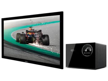 Proiettore Valerion nero con grande schermo di proiezione che mostra un'auto di Formula 1 in azione