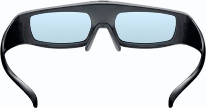 3D brýle Panasonic TY-ER3D4SE, pohled zepředu, lesklý černý rámeček, světle modré obdélníkové čočky, tenké zahnuté nožičky