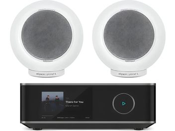 Coppia di diffusori Elipson Planet L bianchi con lettore audio di rete nero con schermo vista frontale