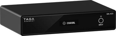 Convertitore audio DAC Taga Harmony DA-400 nero, vista frontale, ingresso coassiale, case rettangolare nero opaco