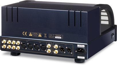 PrimaLuna EVO 400 stereo priešvažinis stiprintuvas, sidabrinis, priekinis vaizdas, juoda priekinė dalis su auksiniais rankenėlėmis ir lizdais