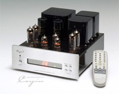 Cayin MT-12A sort hi-fi stereoforstærker set forfra, synlige vakuumrør, infrarød fjernbetjening