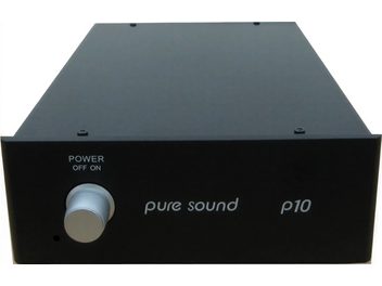 Preamplificatore phono Puresound P10 nero, vista frontale, manopola rotante argentata, scritta "POWER OFF ON", logo "pure sound p10"