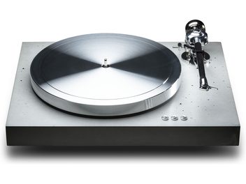 Giradischi hi-fi EAT C-Dur Concrete con testina Jo N°5, piatto circolare in metallo argentato, base rettangolare grigia, braccio di lettura a destra