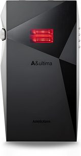 Astell&Kern A&ultima siyah çok yüzeyli audiophile taşınabilir çalar, yandan düğme ve kırmızı ışıklı pencere ile arka görünüm