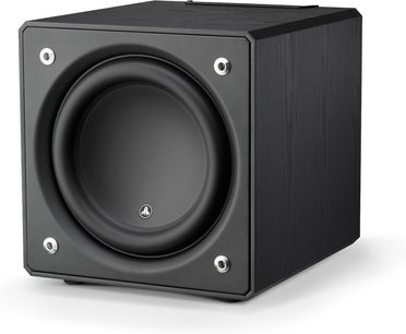 JL Audio E-Sub e112 siyah dişbudak subwoofer, önden görünüm, kübik formda, ortada siyah dairesel hoparlör
