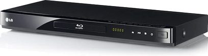 LG BD550 sort 4K Blu-ray-afspiller, frontvisning, frontpanel med LED-display, knapper og diskskuffe