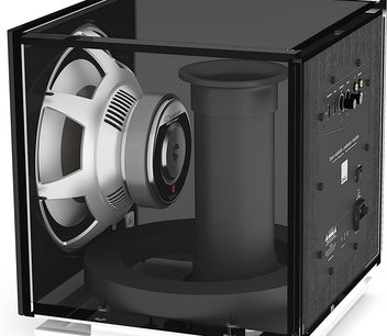 Dali SUB E-12 F hvid baskabin, frontvisning, synlig højttaler, blankt sort kabinet, sølvfarvet metalrist
