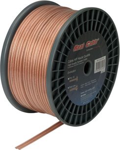 Bobine de câble audio cuivre transparent Real Cable FL400T, gaine orange, sur fond blanc