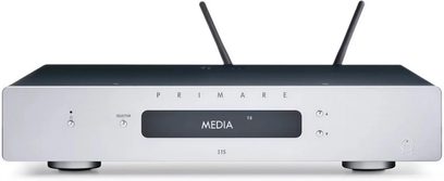 Primare I15 Prisma MK2 silver stereo hi-fi amplifier, front view, rectangular silver metal chassis, central digital display, two rotary knobs