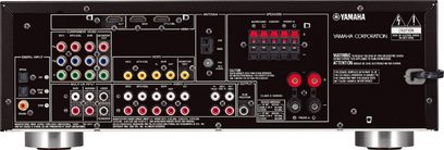 Ampli home-cinéma Yamaha RX-V363, face arrière, connectique audio/vidéo, prises et boutons de réglages, coloris noir