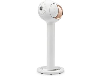 DEVIALET TREE vit golvhögtalare, framifrån, sfärisk vit form på vit rund bas, med inbyggd gyllene högtalare