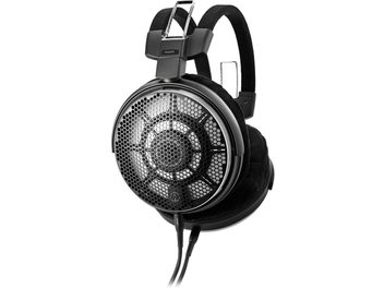 Auriculares con cable abiertos Audio Technica ATH-ADX7000 negros, metal y tela, rejilla de panal, doble diadema, vista en tres cuartos