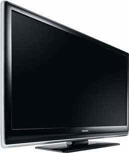 42-tommer Toshiba 42XV515DG fladskærms-LCD-TV, sølvfarvet smal ramme, sort fod, set forfra