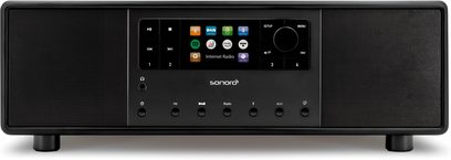 Sonoro Primus sort internetradio, mat sort, frontvisning, farvedisplay, kontrolknapper og -hjul, stereohøjtalere