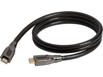 HDMI kabel Real Cable HD-E2, kovinski priključki, črn zvit kabel, pogled v perspektivi, vidna dva konca