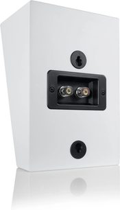 Aizmugures skats uz baltu matētu Dolby Atmos skaļruni Canton AR 4 S2 ar pieslēgvietām un sienas stiprinājumiem