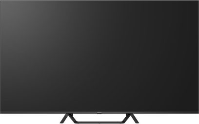 Panasonic TV-65W95BEG sort fjernsyn i mat sort med tynd plastikramme og stort fladskærmsdisplay, monteret på dobbelt centralt skråt ben, set forfra