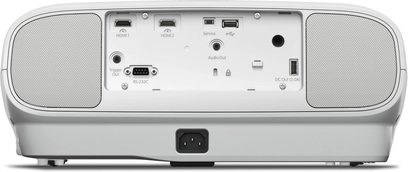 Epson EH-TW7100 -videoprojektori edestä katsottuna, valkoinen, liitännät takana, integroidut kaiuttimet sivuilla