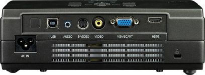 Optoma EX7155e sort videoprojektor, bagside der viser USB-, audio-, S-Video-, VGA/SCART- og HDMI-tilslutninger