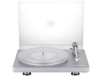 Giradischi hi-fi ClearAudio Compass grigio argento in alluminio con piatto in acrilico satinato, coperchio trasparente sollevato e braccio di lettura metallico argentato, vista frontale