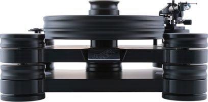 Giradischi hi-fi in vinile Transrotor Dark Star Reference RB330 nero opaco in polimero, vista frontale, con piatto circolare spesso, braccio di lettura dritto e quattro piedini cilindrici ammortizzanti sovrapposti