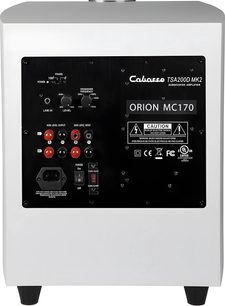 Subwoofer Cabasse Orion MC170 bianco opaco, vista frontale, pannello di controllo con pulsanti e connettori