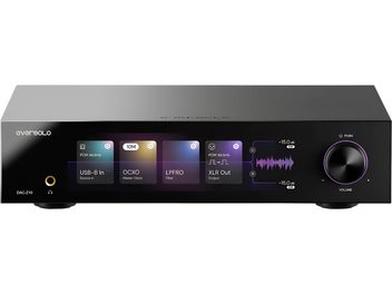 DAC EverSolo Z-10 preto, chassis metálico, vista frontal, tela colorida central, grande botão à direita, entrada para fones à esquerda
