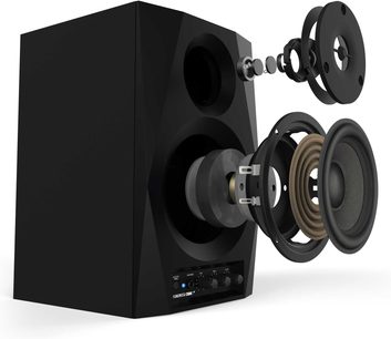 Reloop DSM-3 BT musta aktiivkõlar koos lõhki vaatega, mis näitab sisemisi komponente ja juhtpaneeli allosas.