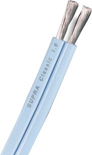 Kabel für Lautsprecher Supra Classic 1.6 blau, flache Kunststoffummantelung in Hellblau mit Aufdruck, mehradrige silberfarbene blankgezogene Metallleiter, diagonaler Großaufnahmeblick